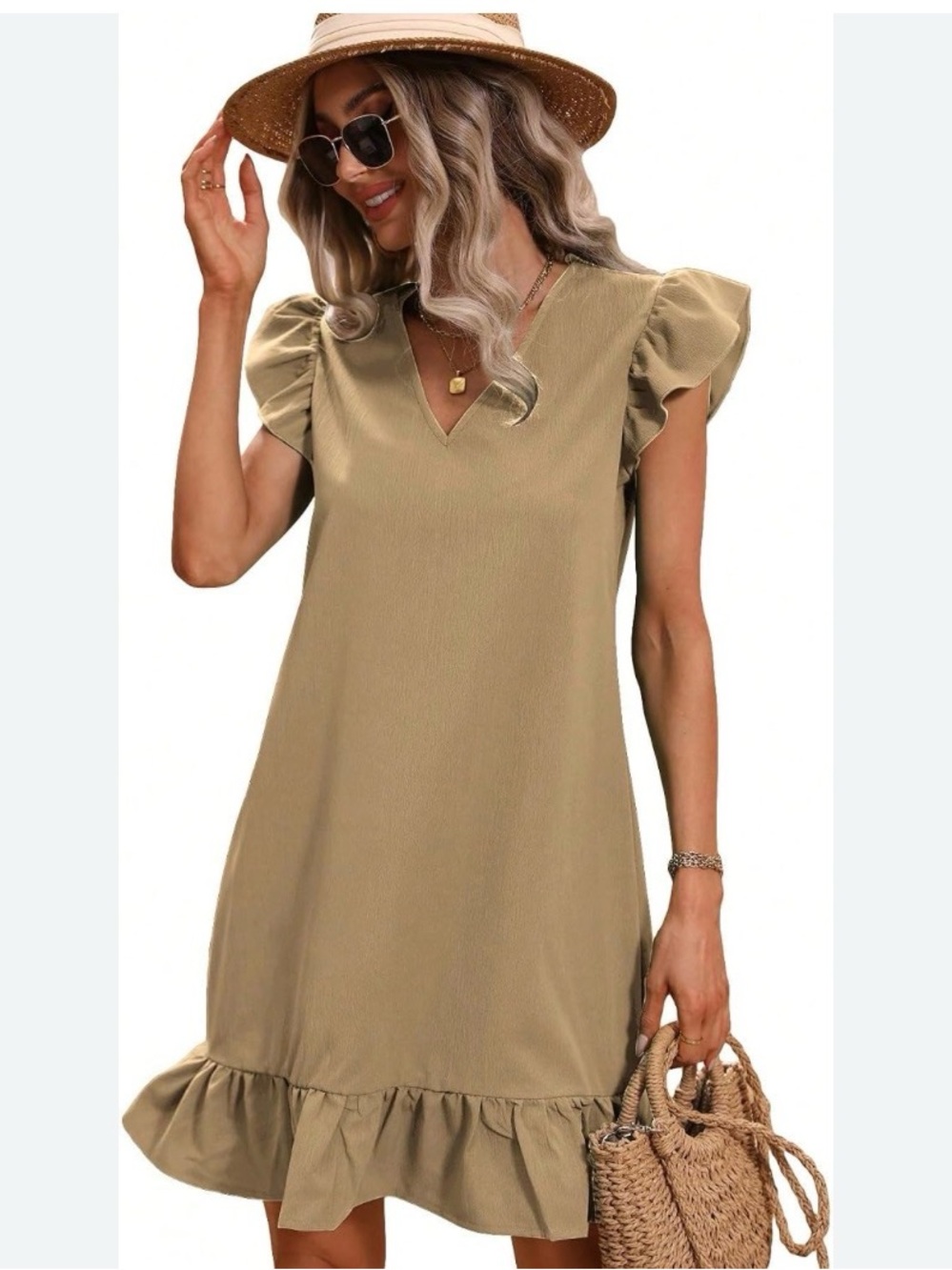 Amazon Neutral Tan Cap Sleeve V Neck Ruffled Hem Casual Smock Mini Sundress Sz L
